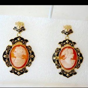 AMEDEO Black Enamel Cameo Drop Pierced Earrings